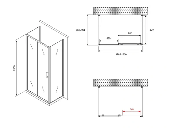 Душевой уголок ABBER Schwarzer Diamant 180x50 AG30180B-S50B-S50B стекло прозрачное профиль черный без поддона фото 5