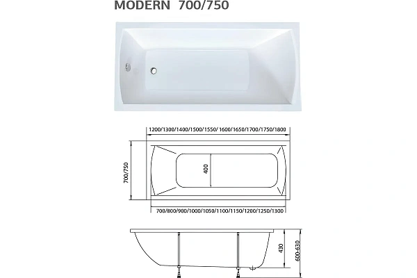 Ванна акриловая Marka One Modern 175x70 01мод17570 прямоугольная фото 12