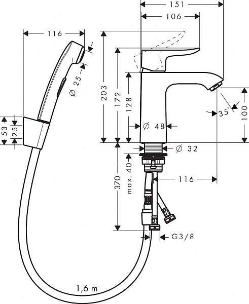 Смеситель Hansgrohe Metris 31285000 для раковины с гигиеническим душем с донным клапаном фото 7