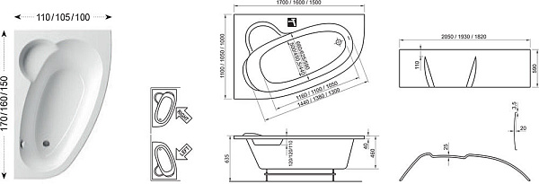 Акриловая ванна Ravak Asymmetric 170x110 C491000000 угловая с ножками и фронтальной панелью фото 3