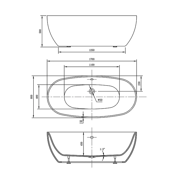 Ванна акриловая Vincea 170x80 VBT-405-1700MB с щелевым переливом и в комплекте сифон с гидрозатвором фото 4