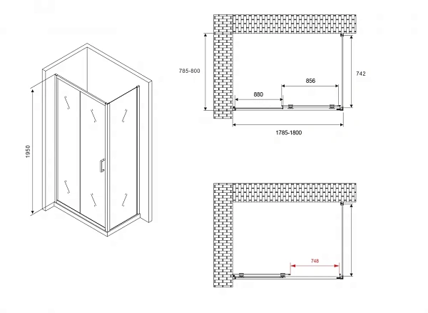 Душевой уголок ABBER Schwarzer Diamant 180x80 AG30180B-S80B стекло прозрачное профиль черный без поддона фото 5