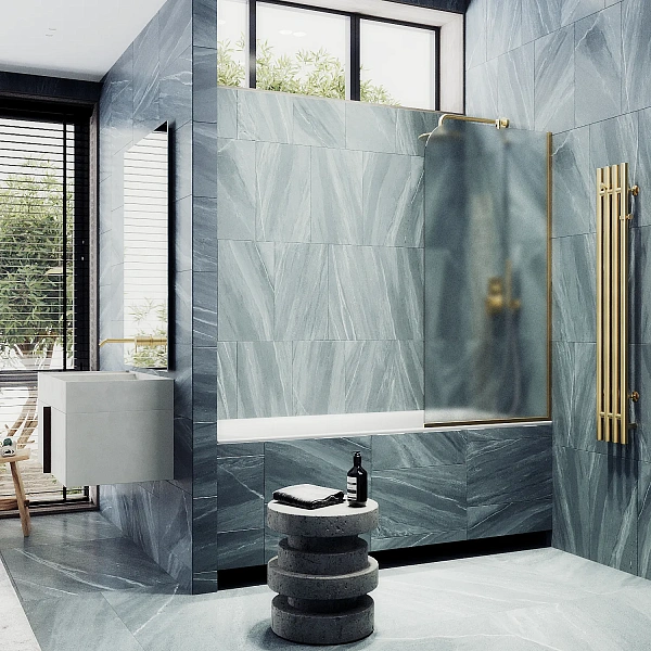 Шторка для ванны MaybahGlass 34x140 MGV-130-3у профиль золото стекло сатин фото 1