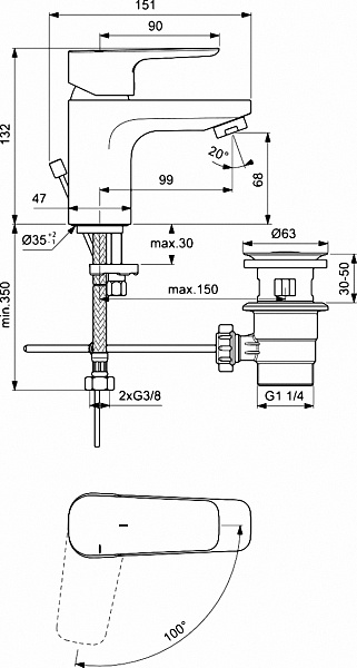 Смеситель Ideal Standard Ceraplan lll BC578AA для раковины с донным клапаном фото 3