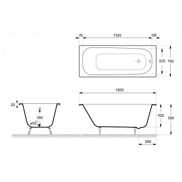 Ванна чугунная Delice Continental 150x70 DLR230612-AS с антискользящим покрытием фото 2